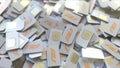 Pile of SIM cards with au logo, close-up. Editorial telecommunication related 3D rendering