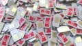 Pile of SIM cards with Vodafone plc logo, close-up. Editorial telecommunication related 3D rendering