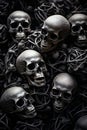 a pile of skulls in a dark room