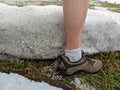 A pile of small hail over 12 inches thirty centimeters deep on the ground next to a manÃ¢â¬â¢s leg. Royalty Free Stock Photo