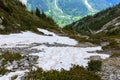 A pile of snow in the Mont Blanc Massif in the Mont Blanc Massif in Europe, France, the Alps, towards Chamonix, in summer on a