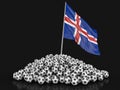 Pile of Soccer footballs and Icelandic flag