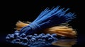 A pile of spaghetti and pasta with blue balls on a black background, AI