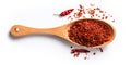 Pile Of Spice Chili Flakes In Wooden Spoon With Ripe Red Peppers. Dry Cooking Seasoning. AI generated Royalty Free Stock Photo