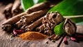 A pile of spices including cinnamon, cloves, and nutmeg