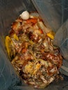 Pile of spoiled food waste in big plastic bag being collected for compost recycling top view