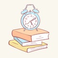 Pile stack alarm clock books hand drawn style vector doodle design illustrations Royalty Free Stock Photo