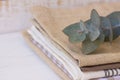 Pile of stacked linen and cotton kitchen towels with branch of silver dollar eucalyptus on white wood table, interior design