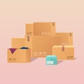 Pile of stacked sealed goods cardboard boxes. Flat design modern Royalty Free Stock Photo