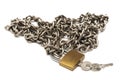 A pile of stainless steel chain with a small padlock and keys Royalty Free Stock Photo