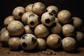 pile of stitched leather soccer balls in the shape of a vintage hexagon from the seventies Royalty Free Stock Photo