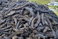 A pile of strips of peat cut in the typical Irish bog