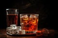 pile of sugar cubes next to a glass of cola with ice