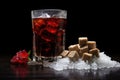 pile of sugar cubes next to a glass of cola with ice