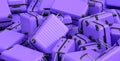 Pile of suitcase or baggages isolated on violet background.