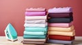 Pile of t-shirts and sweaters on wooden ironing board. Neat stack of clean freshly laundered clothes and electric iron on Royalty Free Stock Photo