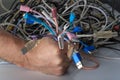Pile of tangled wires used cables electronic waste