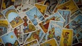 A pile of tarot cards jumbled, scattered and haphazardly arranged Royalty Free Stock Photo