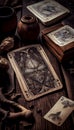 A pile of tarot cards lie scattered and spread across a table top surrounded by multiple occult items. Royalty Free Stock Photo