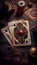 A pile of tarot cards lie scattered and spread across a table top surrounded by multiple occult items. Royalty Free Stock Photo