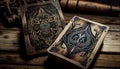 A pile of tarot cards lie scattered and spread across a table top surrounded by multiple occult items. Royalty Free Stock Photo