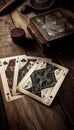 A pile of tarot cards lie scattered and spread across a table top surrounded by multiple occult items. Royalty Free Stock Photo