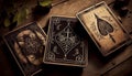 A pile of tarot cards lie scattered and spread across a table top surrounded by multiple occult items. Royalty Free Stock Photo
