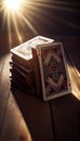 A pile of tarot cards lie scattered and spread across a table top surrounded by multiple occult items. Royalty Free Stock Photo