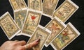 A pile of tarot trump cards jumbled. Royalty Free Stock Photo