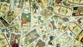 A pile of tarot trump cards jumbled, scattered and haphazardly arranged. Royalty Free Stock Photo