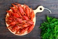 A pile of tasty boiled crawfish on a round wooden tray on a dark table. Royalty Free Stock Photo