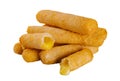 Pile of tasty cheese sticks isolated on white Royalty Free Stock Photo