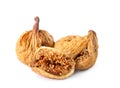 Pile of tasty dried figs on white