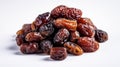 Pile of tasty dry dates isolated on white background. Arabic food Royalty Free Stock Photo