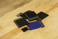 Pile of tech memory card devices,sd mmc microsd,storage tools