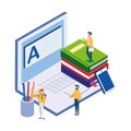 Pile text books with laptop and mini people Royalty Free Stock Photo