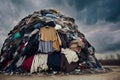 pile with textile fabric clothes for recycling. clothing industry pollution. fast fashion concept, generative AI