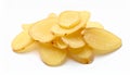 Pile of thinly sliced ginger root on a white background, close-up shot Royalty Free Stock Photo