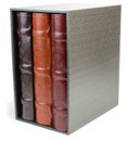 The pile of three photo books in box on white backround Royalty Free Stock Photo