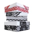 Pile of three stylish white gift boxes, decorated with exquisite black and red lace ribbon