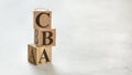Pile with three wooden cubes - letters CBA meaning Cost Benefit Assessment on them, space for more text / images at right side