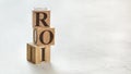 Pile with three wooden cubes - letters ROI meaning Return on Investment on them, space for more text / images at right side Royalty Free Stock Photo