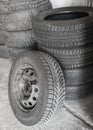 A black rubber tires. Tire texture - background. Car tires close-up of Tire Vehicle Part, Old, Damaged, Textured, Truck Royalty Free Stock Photo