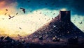 Pile of trash with birds flying around it Generative AI.
