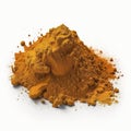 Pile of tumeric powder on white, created with generative AI