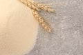 Pile of uncooked organic semolina and spikelets on grey table, flat lay. Space for text