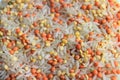 Pile of uncooked rice grain, red lentils and pigeon pea. Rice grains, Mung beans and red lentils isolated on white background. Royalty Free Stock Photo