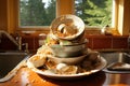 A pile of unwashed dishes waiting to be cleaned and scrubbed in the kitchen sink