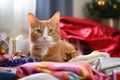 pile of unwrapped gifts next to a domestic cat