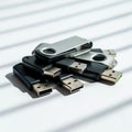 A pile of USB flash drives on a white surface, illuminated by light casting parallel Royalty Free Stock Photo